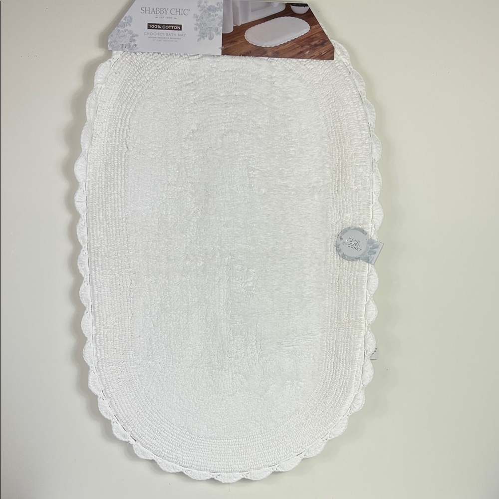 Shabby Chic Crochet Bath Mat Rug 100% Cotton White Oval 21" x 36" Reversible NEW